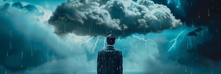 Businessman, standing under rain, pessimistic man under cloud, sad business man, unlucky, misfortune