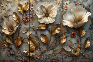 3 panel wall art, a collection of white golden circle-shaped works of art, each featuring intricate patterns of flowers, leaves and butterflies