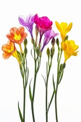 Color freesia flowers isolated, freesia buds set, blossoms collection on white background