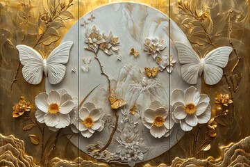 3 panel wall art, a collection of white golden circle-shaped works of art, each featuring intricate patterns of flowers, leaves and butterflies