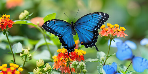 The striking blue butterfly flutters gracefully from flower to flower, its wings shimmering in the sunlight
