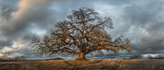 Fototapeta premium A large, old oak tree stands alone in a field of dry grass. AI.