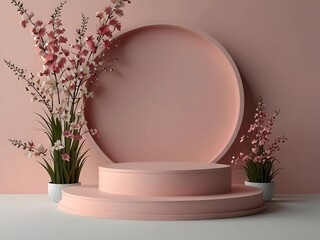 An empty pink podium with pink flowers isolated on pink background