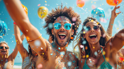 Happy young people enjoying a fun time and taking selfie at a beach party. Summer vacation concept