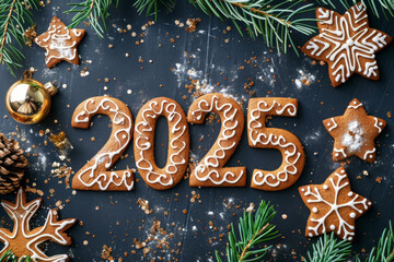 2025 gingerbread numbers, new year biscuits greeting card, gingerbread cookies celebrate banner