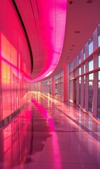 Pink hallway with shiny floor and glass windows. AI.