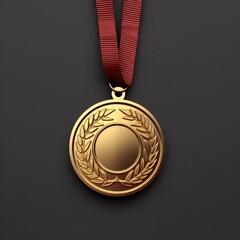 Bronze medal with blank center and laurel wreath design on a black background. Bronze medal hanging at black wall. Realistic award. Design for invitation, award ceremony, recognition theme. AIG35.
