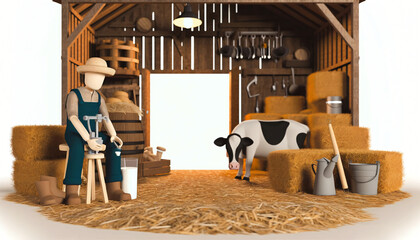 3D-Style Farmer Milking Cow in Barn - Rustic Farm Scene with Hay Bales and Traditional Farm Tools