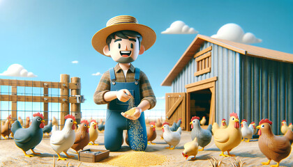 Cheerful 3D Farmer Feeding Chickens in a Barnyard - Cartoon Style Farm Scene with Happy Hens