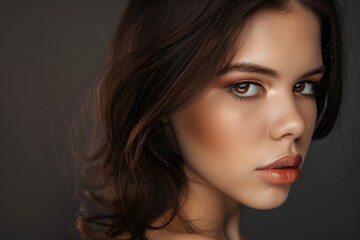 Naklejka premium Young brunette on a gray background. Feminine beauty.