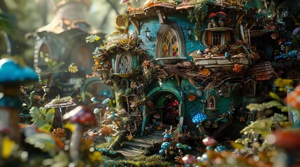 Enchanted miniature fairy house with vibrant mushrooms and whimsical details.