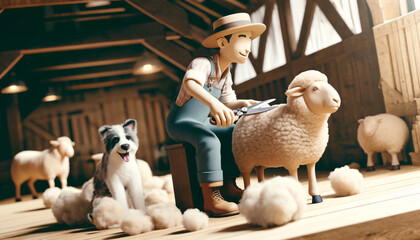 3D-Style Farmer Shearing Sheep in Barn, Surrounded by Wool and Happy Sheepdog, Capturing Farm Life and Animal Care
