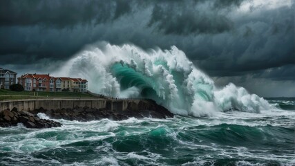 Fototapeta premium A large wave crashes against a seawall, sending water and debris over the wall and onto the buildings beyond. AI.