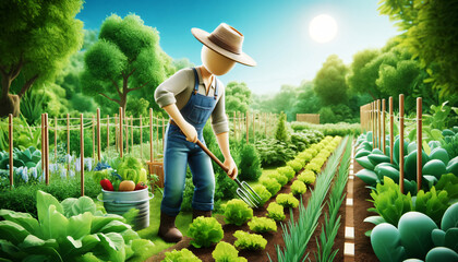 3D-Style Farmer Tending to Vegetable Garden, Neatly Arranging Plants and Harvesting Fresh Produce on a Sunny Day