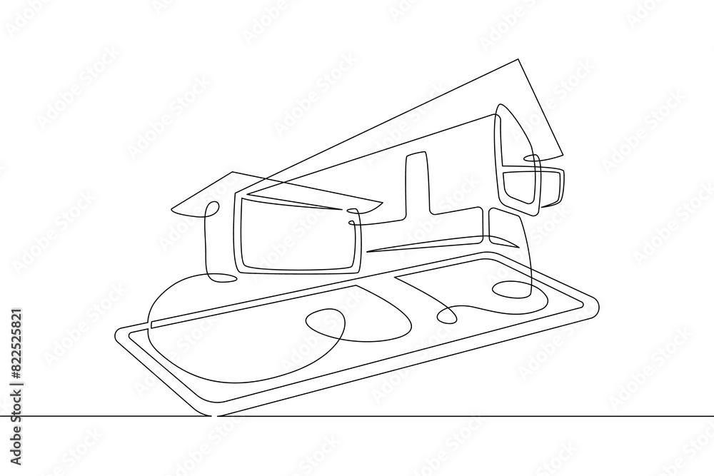 Poster one continuous line.modern house on the computer screen. fashionable architecture in the device. hou