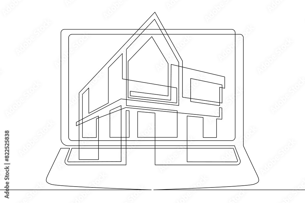 Poster one continuous line.modern house on the computer screen. fashionable architecture in the device. hou