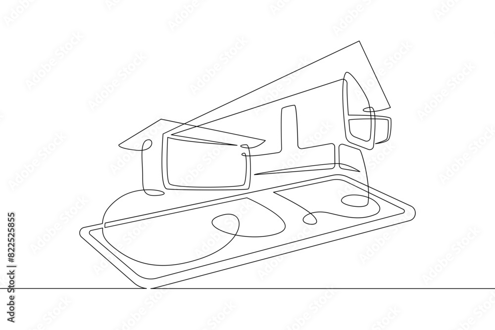 Poster one continuous line.modern house on the computer screen. fashionable architecture in the device. hou