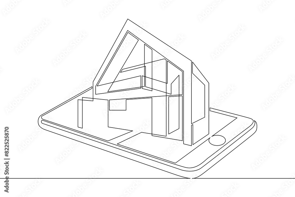 Poster one continuous line.modern house on the computer screen. fashionable architecture in the device. hou