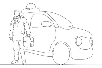 One continuous line.Doctor on urgent call. An orderly with a stretcher and medicines. Ambulance....