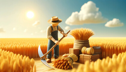 3D-Style Farmer Harvesting Golden Wheat with Scythe, Surrounded by Wheat Bundles and Farming Tools on a Sunny Day