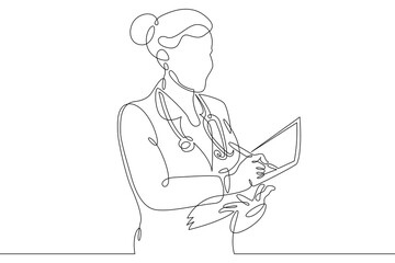 One continuous line.Medical doctor with stethoscope. Doctor writes. Medicine and healthcare. Doctor...
