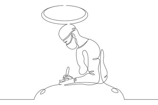 One continuous line. Doctor, surgeon in the operating room. A doctor in a mask and a robe. Medicine and healthcare.One continuous drawing line logo isolated minimal illustration.
