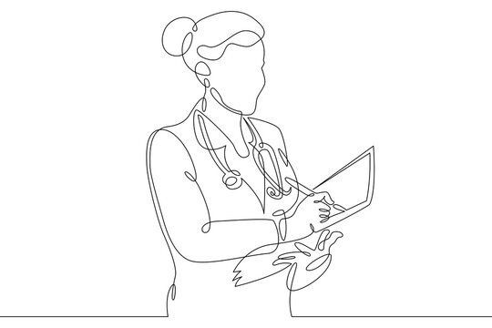 recommend clip art: One continuous line.Medical doctor with stethoscope. Doctor writes. Medicine and healthcare. Doctor visit.One continuous drawing line logo isolated minimal illustration.
