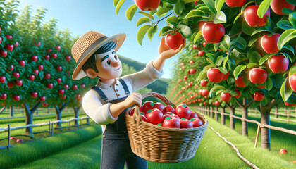 3D-Style Farmer Picking Ripe Apples in Orchard, Filling Basket with Fresh Red Apples on a Sunny Day