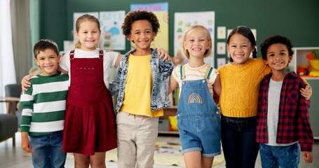 Children, diversity and kindergarten standing in class, bonding and education support with friends...