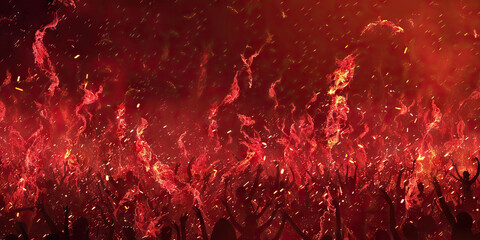 The fiery red embers dance and twirl, casting flickering shadows across the gathering crowd