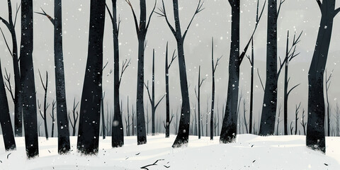 The cool, crisp white snow covers the barren black trees, creating a stark contrast against the gray sky