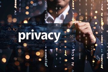 Privacy policy concept. Businessman with protective gesture and text privacy in hands. Wide banner composition with bokeh in background, with writing “ privacy “