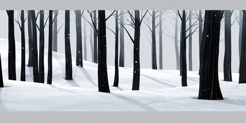 The cool, crisp white snow covers the barren black trees, creating a stark contrast against the gray sky