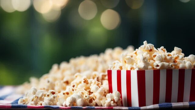 Scattered tasty popcorn with abundant space for text on blurred bokeh background