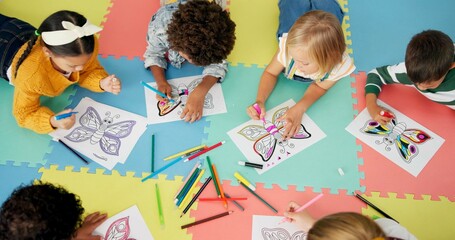 Children, group and drawing for creative learning in classroom for education, project or back to...