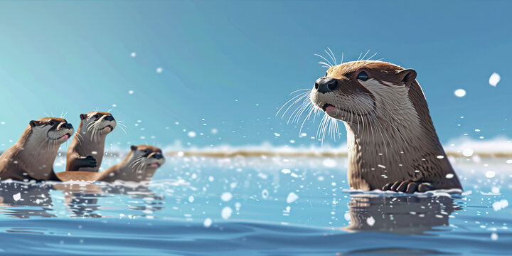 The sparkling silver surface of the lake reflects the clear blue sky, a family of playful otters frolicking at its edge