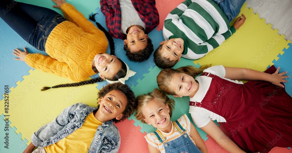 Poster children, relax and circle on mat in school with funny faces top view for relax, fun and classroom. 