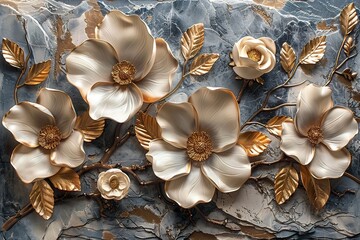 3 panel wall art, marble background with golden and silver flowers designs