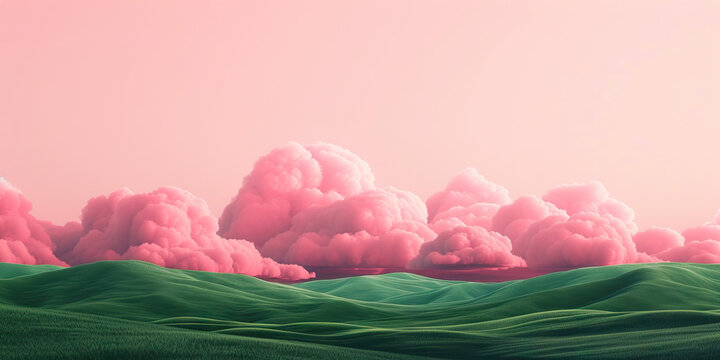 The soft pink clouds float serenely above, casting a rosy glow over the rolling green hills