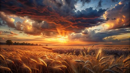 The sun setting behind a field of golden wheat with dramatic clouds moving quickly in a time-lapse