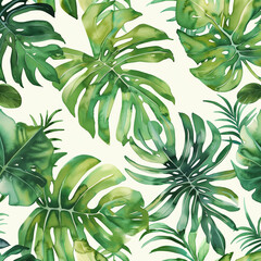 Watercolor pattern of monstera leaves, green and white, tropical decor