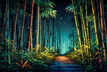 A captivating night scene of a bamboo forest, with vibrant colors and playful details bringing the...