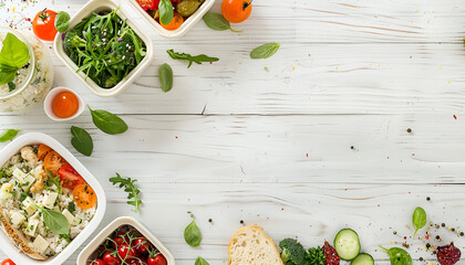 Lunch box with healthy food on white wooden table, flat lay. Space for text