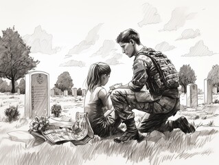 Family Gratitude Sketching Scenes of Families Expressing Gratitude and Appreciation for the Sacrifice of Fallen Soldiers on Memorial Day