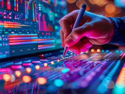 Hand of sound engineer using digital mixing console in a recording studio.
