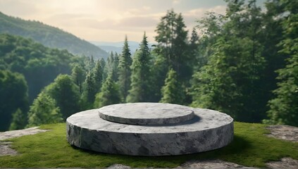 Photo flat small stone podium on rock platform 3d illustration gray rock pedestal for product display green forest and blue horizon on the background natural scenery landscape soft daily light