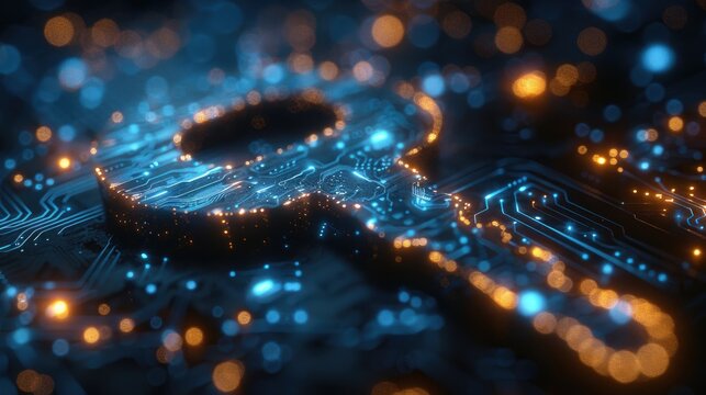 A digital encryption key with glowing blue circuits, on a solid cobalt blue background.