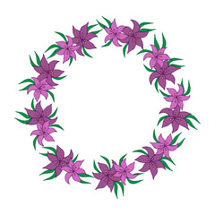 Vector spring wreath of lilies on a white background.
Frame of flowers and leaves. Greeting card.
