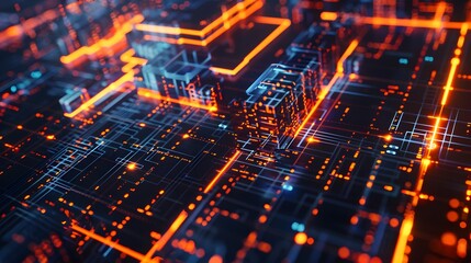 3D Render of Abstract Cyber Network with Glowing Digital Data