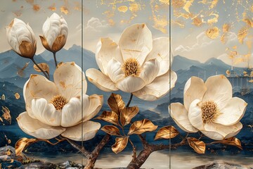 panel wall art, white and golden marble background with flower designs